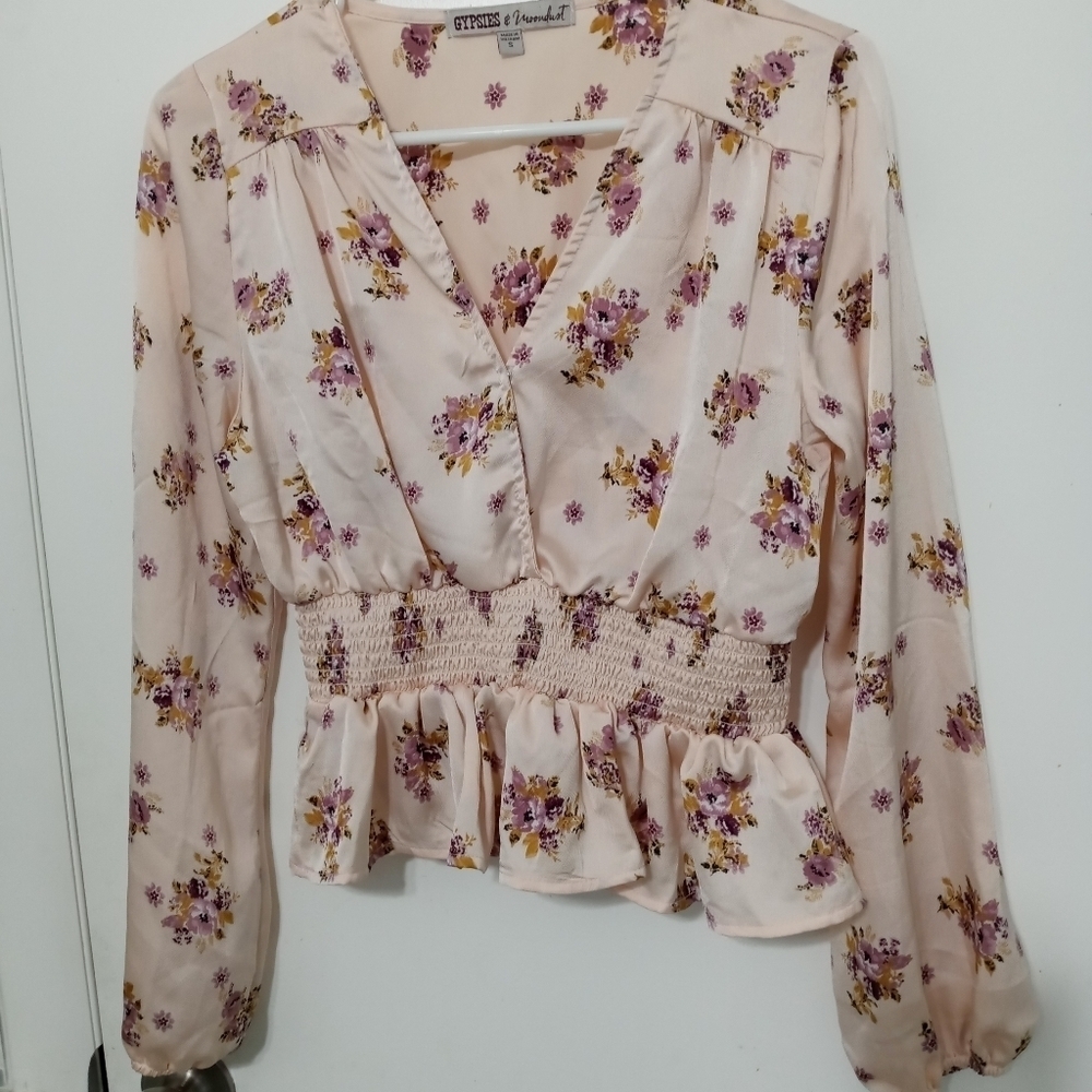 Gypsies & Moondust Long sleeve floral Satin Crop Top overlap front